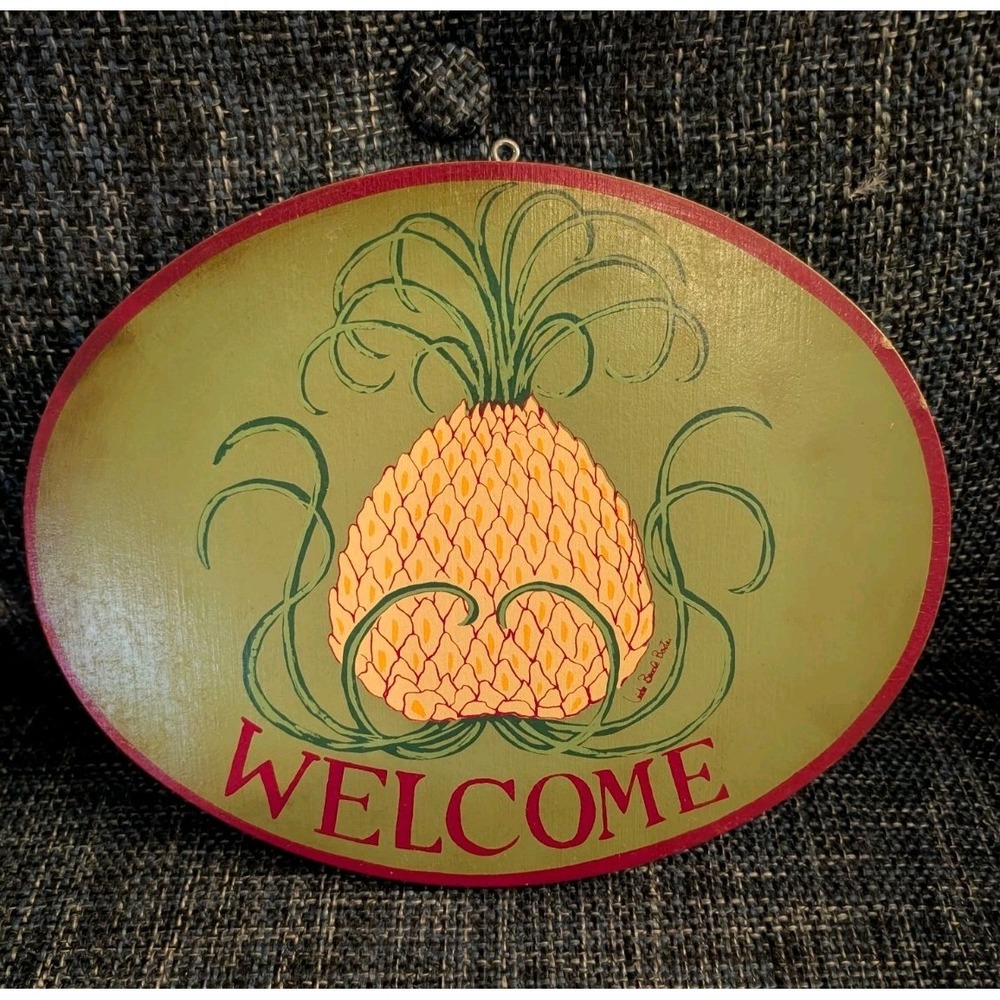Linda B. Baxter Folk Country Art Welcome Sign Pineapple Hospitality Wooden 10x8"